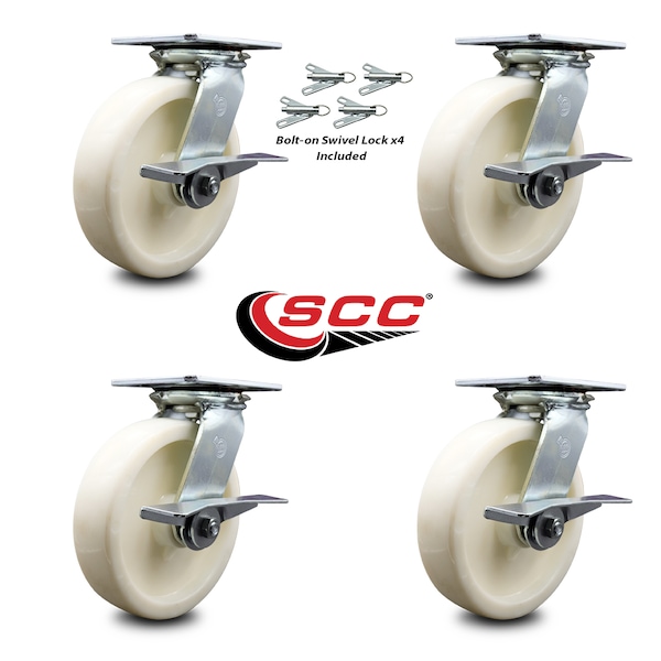 8 Inch Nylon Caster Set With Roller Bearing And Brakes/Swivel Locks SCC